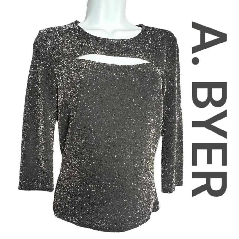 A. Byer Women's Crew Neck 3/4 Sleeve Glittering Cut Out Keyhole Top Black Large